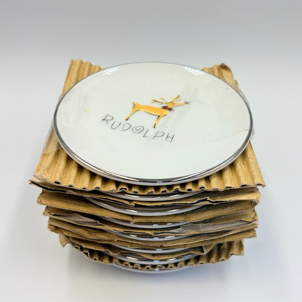 8 Pottery Barn Reindeer Appetizer Plates Coasters Christmas Holiday 4" Japan - Picture 8 of 8